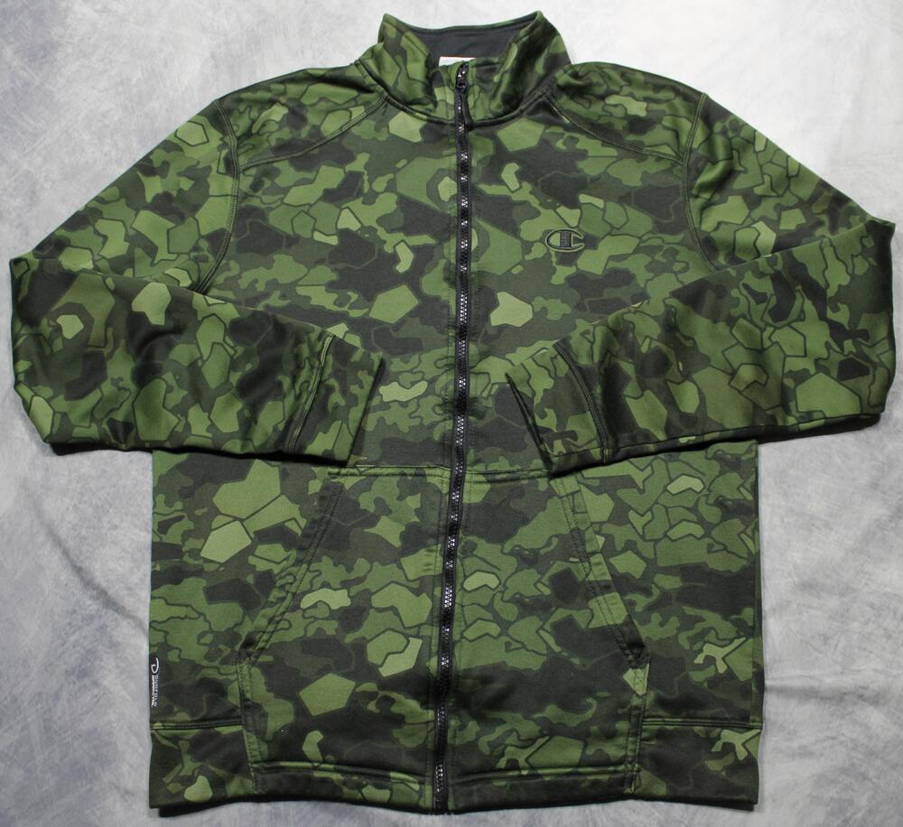 Champion Track Jacket Mens Medium Green Camo Full Zip Duofold Fleece Top